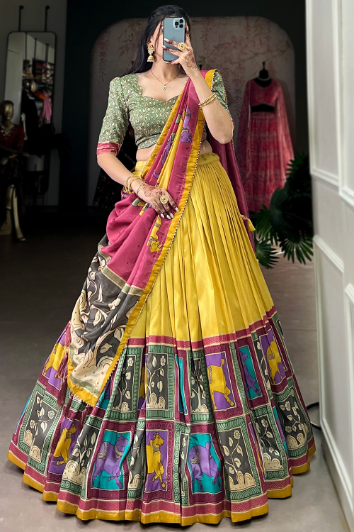 Mustard Yellow Silk Blend Lehenga With Printed Work For Diwali