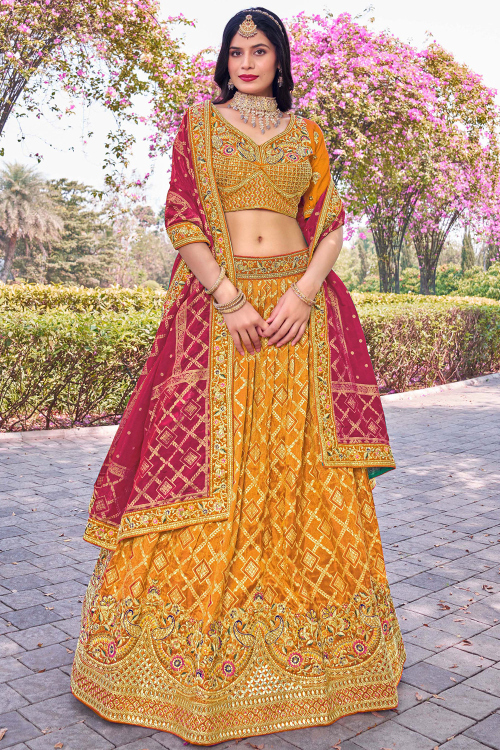 Mustard Yellow Silk Blend Lehenga with Woven Zari Work for Haldi