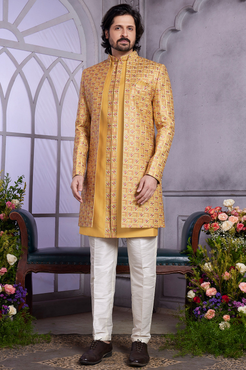 Mustard Yellow Silk Blend Men's Sherwani with Embroidered for Wedding