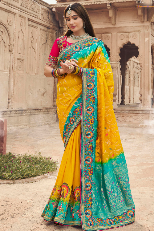 Mustard Yellow Silk Blend Saree With Zari Work For Diwali