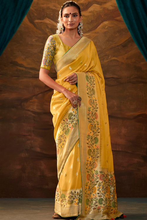 Mustard Yellow Silk Blend Weaved Broad Border Saree