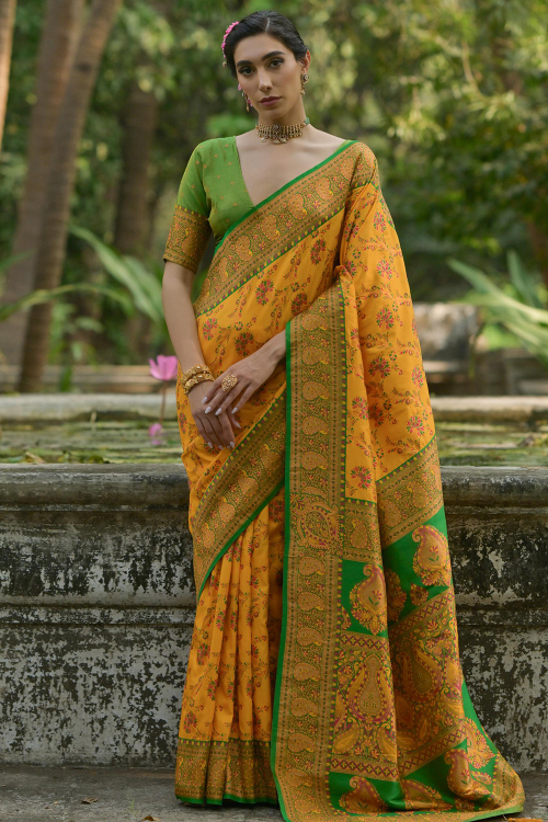 Mustard Yellow Silk Blend Weaved Broad Border Saree 