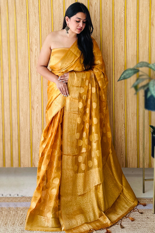 Mustard Yellow Silk Blend Woven Zari Broad Border Saree 