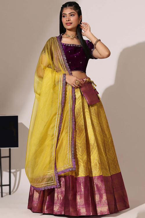 Mustard Yellow Silk Embroidered A Line Lehenga 