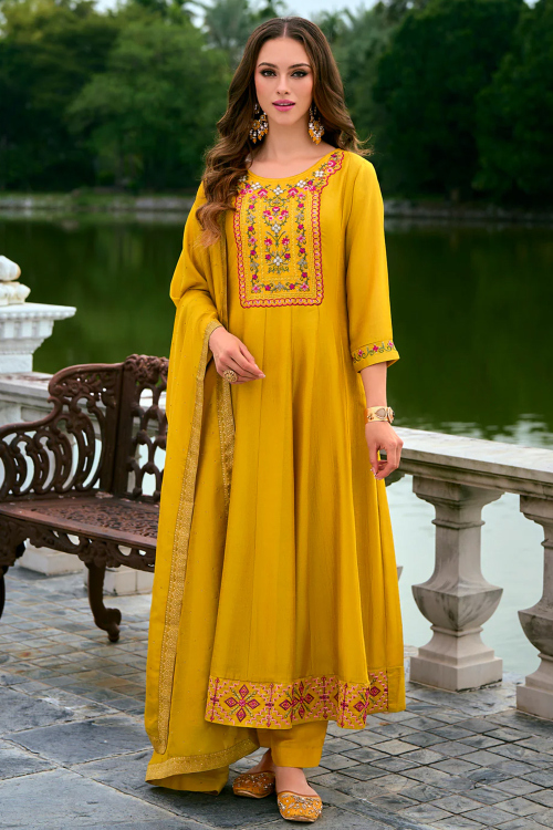Mustard Yellow Silk Embroidered Ready to Wear Anarkali Style Suit