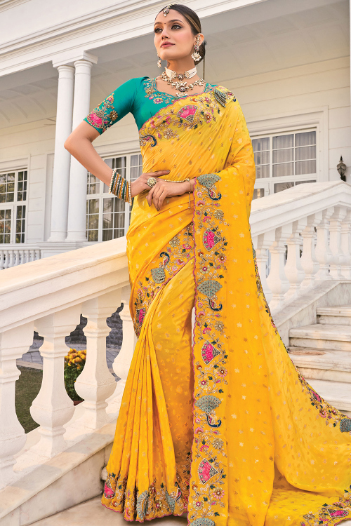 Mustard Yellow Silk Embroidered Heavy Saree 