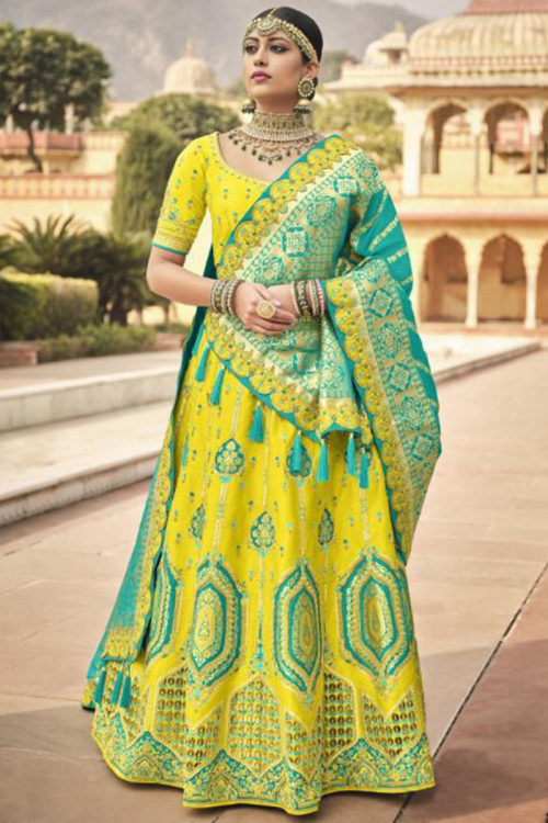 Mustard Yellow Silk Embroidered Lehenga