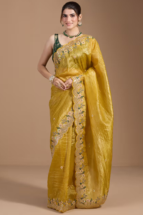 Mustard Yellow Silk Embroidered Light Weight Saree