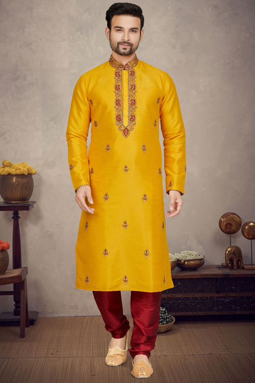 Mustard Yellow Silk Embroidered Men's Kurta with Churidar 