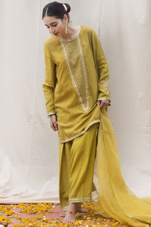 Mustard Yellow Silk Embroidered Pakistani Patiala Suit