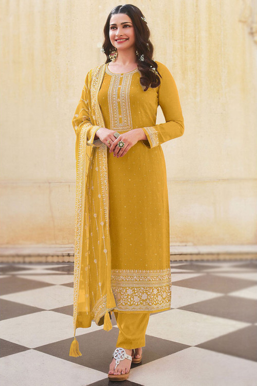 Mustard Yellow Silk Embroidered Straight Pant Suit