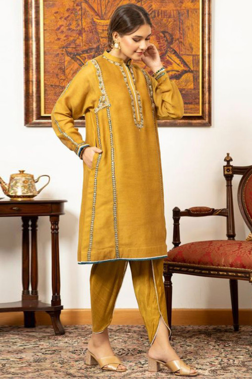 Trouser Suit in Mustard Yellow Silk for Party Wear