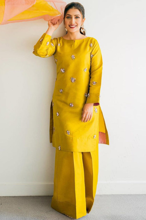 Trouser Suit in Silk Mustard Yellow with Stone Work for Party 