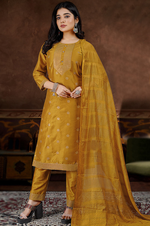 Sequins Work Mustard Yellow Trouser Suit in Silk for Party 