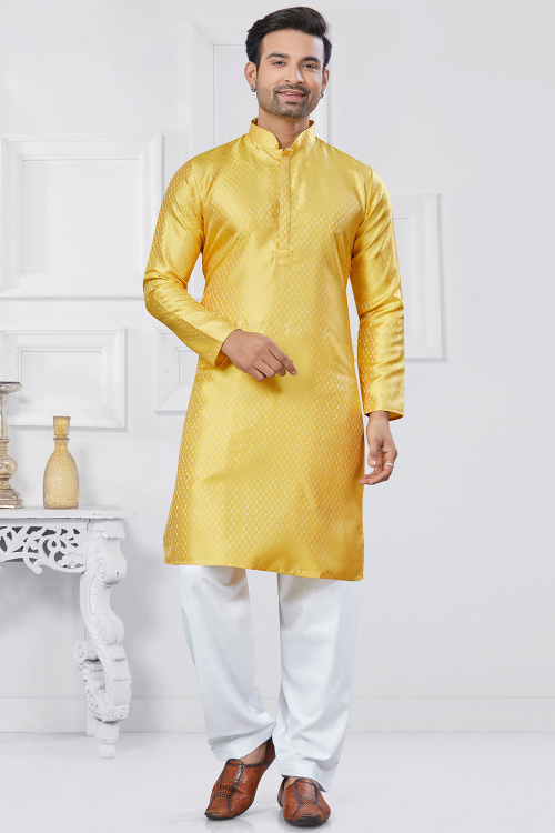 Mustard Yellow Silk Handloom Straight Cut Men's Kurta Pajama 