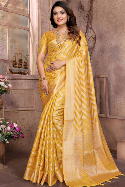 Mustard Yellow Silk Organza Woven Zari Broad Border Saree 