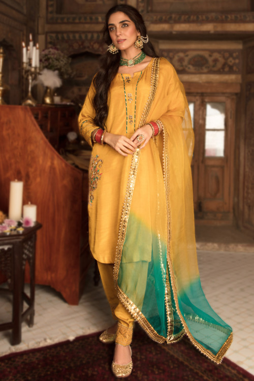 Mustard Yellow Silk Pakistani Patiala Suit