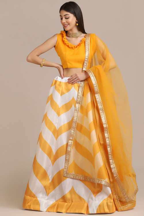 Mustard Yellow Silk Printed A Line Lehenga & Net Dupatta
