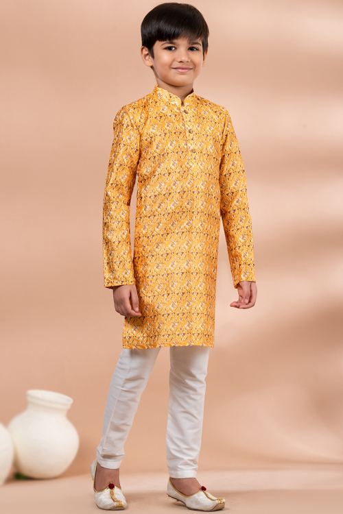 Mustard Yellow Silk Printed Boy's Kurta Pajama For Haldi 