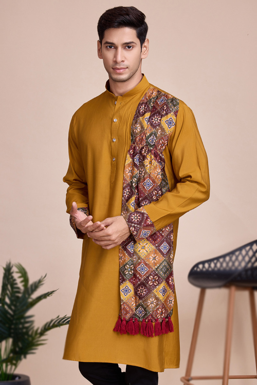 Mustard Yellow Silk Printed Straight Cut Men's Kurta