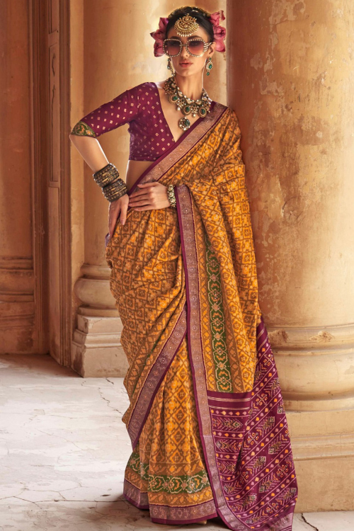 Mustard Yellow Silk Saree with Pearl Work for Diwali Festive