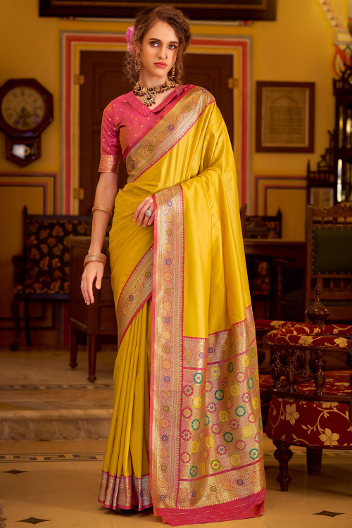 Mustard Yellow Silk Soft Silk Broad Border Saree With Weaved Work