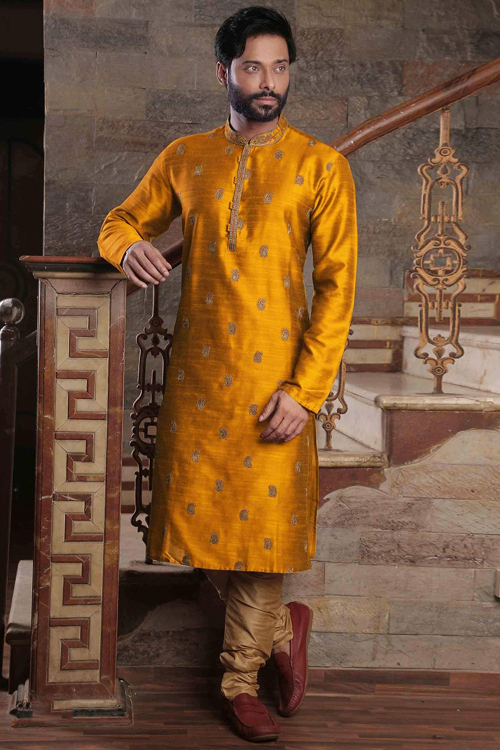 Mustard Yellow Silk Straight Cut Men Kurta Pajama