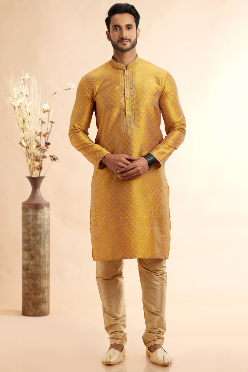 Mustard Yellow Silk Weaved Thread Straight Cut Men's Kurta Churidar