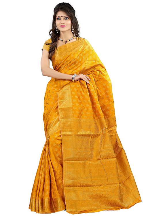 Mustard Yellow Silk Woven Embroidered Saree