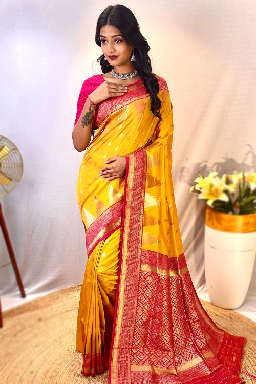 Broad Border Mustard Yellow Silk Saree with Zari Embroidery
