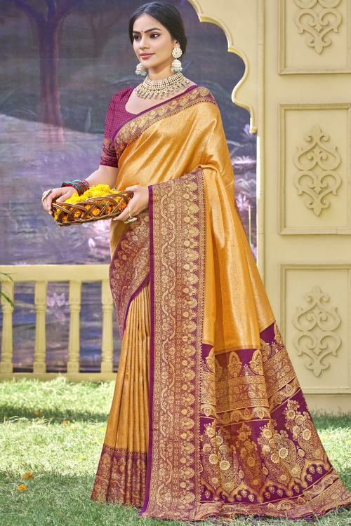 Mustard Yellow Silk Woven Zari Handloom Saree