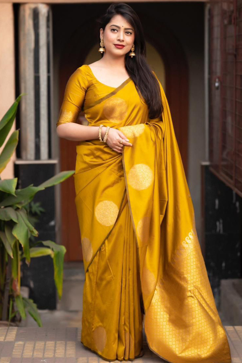 Mustard Yellow Silk Woven Zari Broad Border Saree 