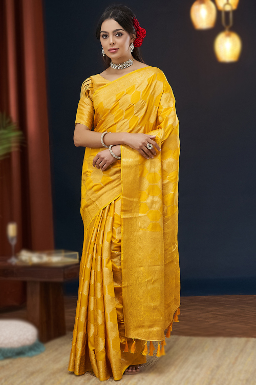Mustard Yellow Silk Woven Zari Handloom Saree