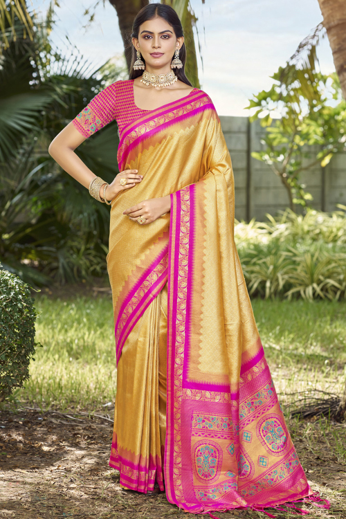 Round Neck Mustard Yellow Silk Saree with Zari Detailing
