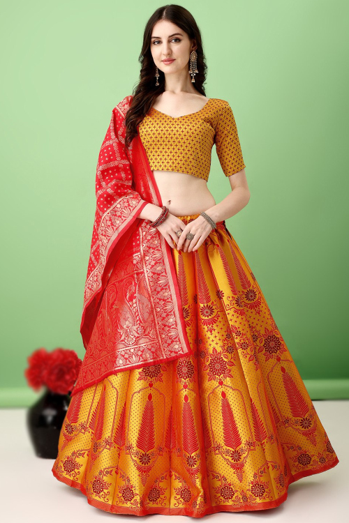 Mustard Yellow Silk Woven Zari Panelled Style Lehenga
