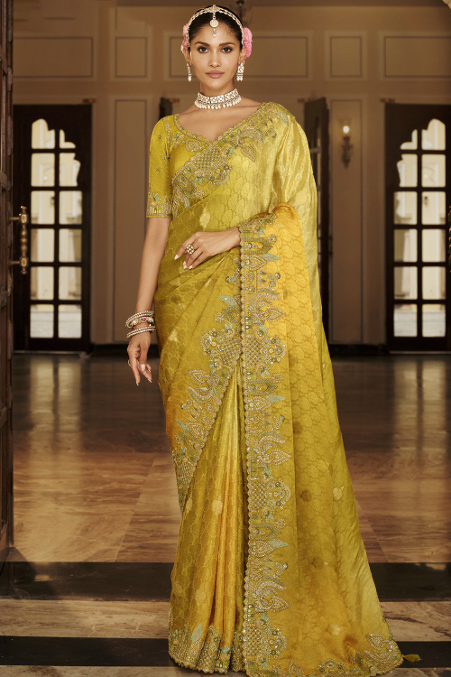 Mustard Yellow Soft Silk Heavy Work Saree With Weaved Work For Festival