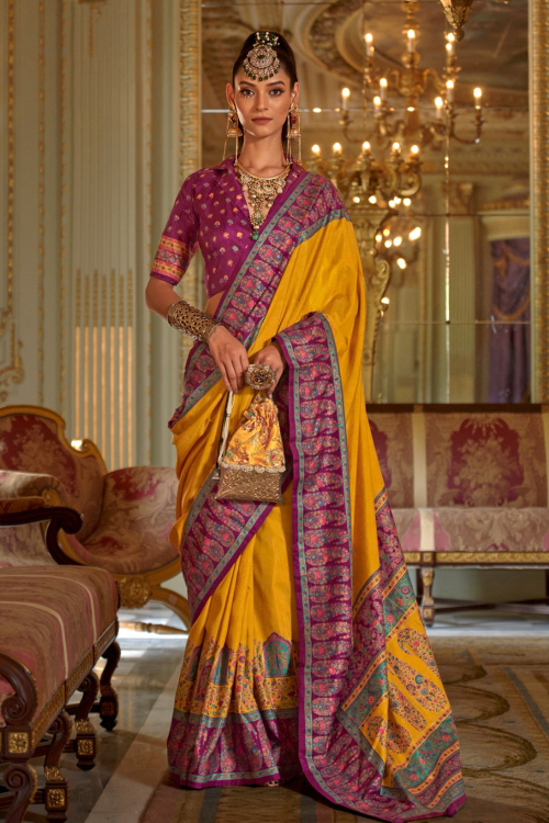 Mustard Yellow Soft Silk Saree With Printed Work For Festival