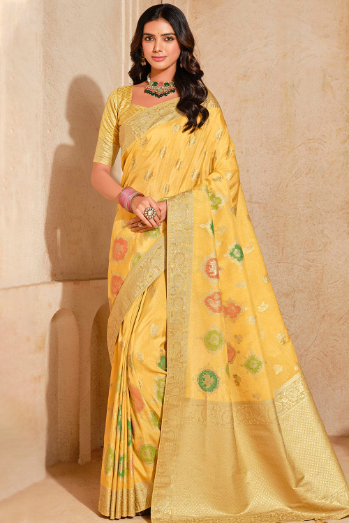 Mustard Yellow Soft Silk Saree With Weaved Work For Haldi