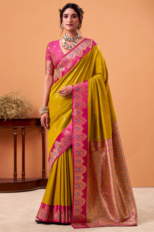 Mustard Yellow Soft Silk Weaved Broad Border Saree