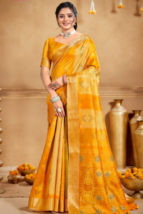 Mustard Yellow Soft Silk Weaved Broad Border Saree 