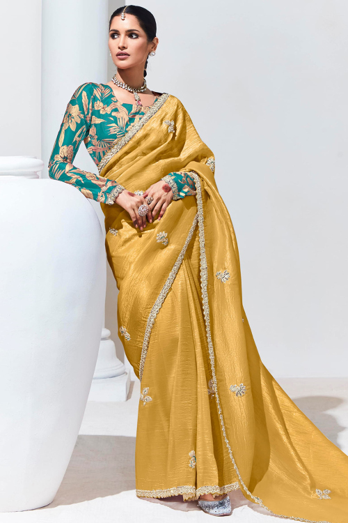 Mustard Yellow Tissue Saree with Sequins Work for Haldi