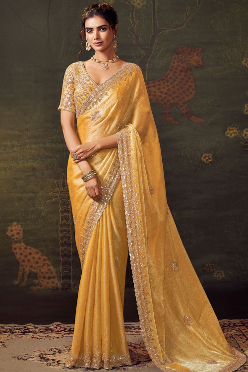 Mustard Yellow Tissue Shimmer Saree With Beads Work For Festival