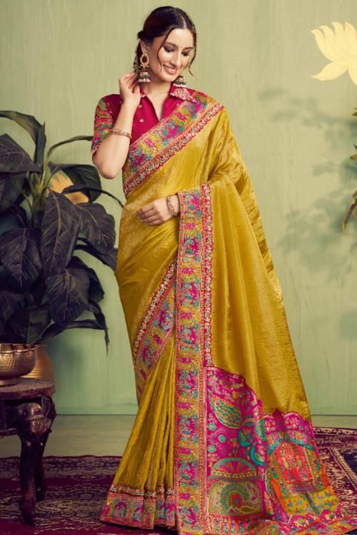 Mustard Yellow Tissue Silk Saree Broad Border Weaved Work For Festival