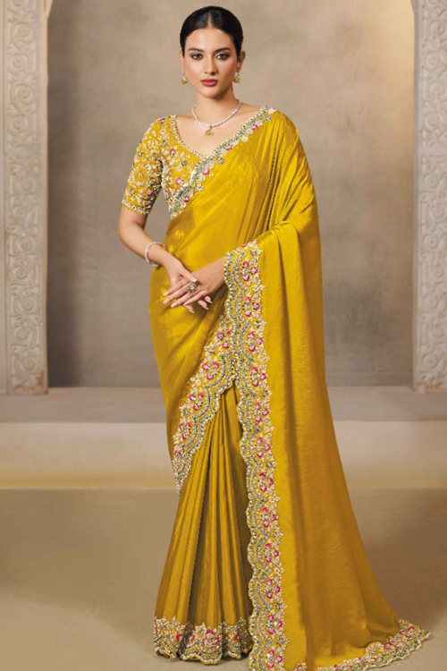 Mustard Yellow Tissue Silk Saree With Pearl Work For Haldi
