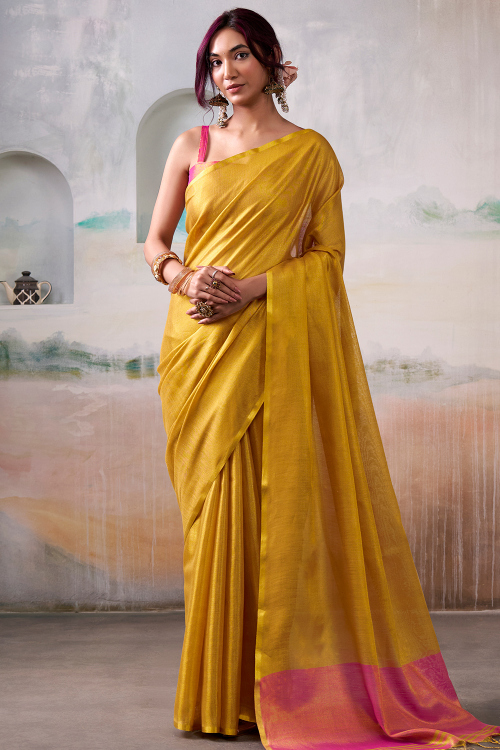 Mustard Yellow Tissue Silk Saree With Weaved Work For Festival