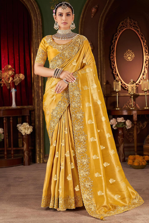 Mustard Yellow Tissue Silk Shimmer Saree With Zari Work For Festival