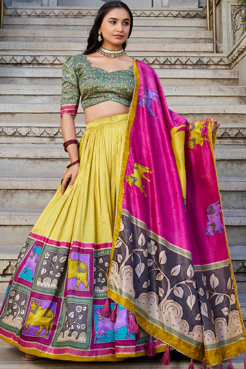 Mustard Yellow Tussar Silk Printed Flared Style Lehenga