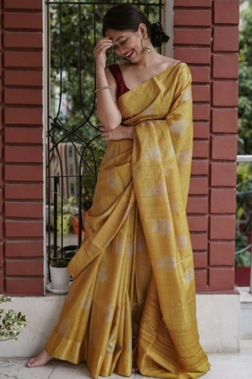 Mustard Yellow Tussar Silk Woven Zari Casual Wear Saree 