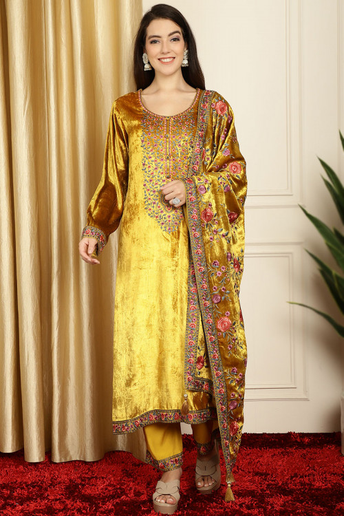 Mustard Yellow Velvet Embroidered Straight Cut Trouser Suit 