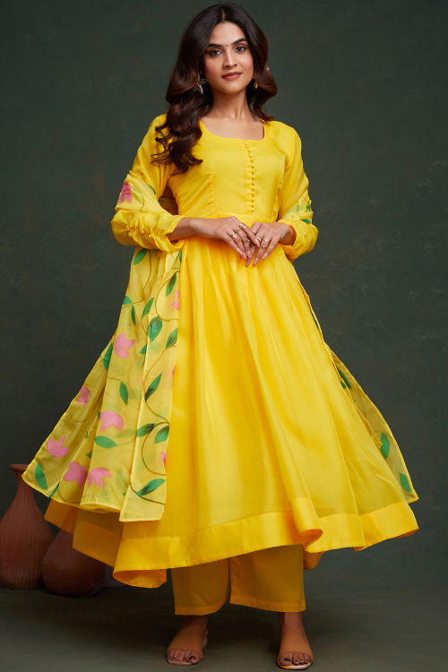 Mustard Yellow Viscose Ready to Wear Anarkali Style Suit